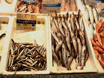 Boquerones y bacaladitos expuestos en una pescaderia. Imagen de sciencepics.org con licencia Creative Commons